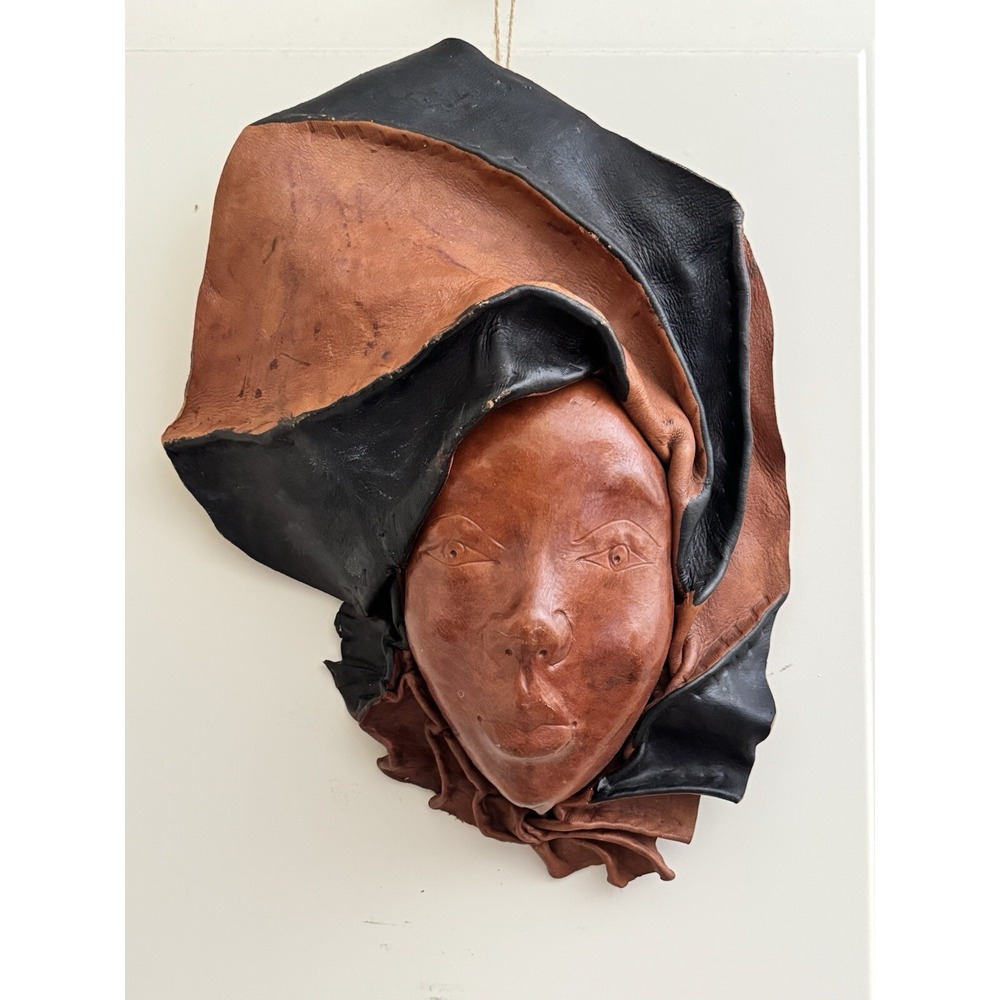 Vintage Africa Tribal Leather Face Mask Hand Sculptured Decorative Wall Art